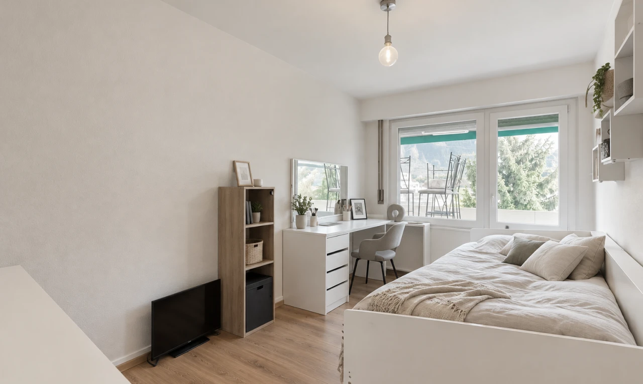 chambre avec éclairage suspendu, drywall, cloison sèche, wood finish floor, et sol en finition bois