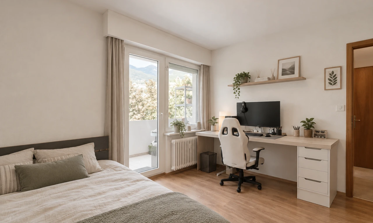 chambre avec drywall, cloison sèche, radiateur, télévision, et wood finish floor