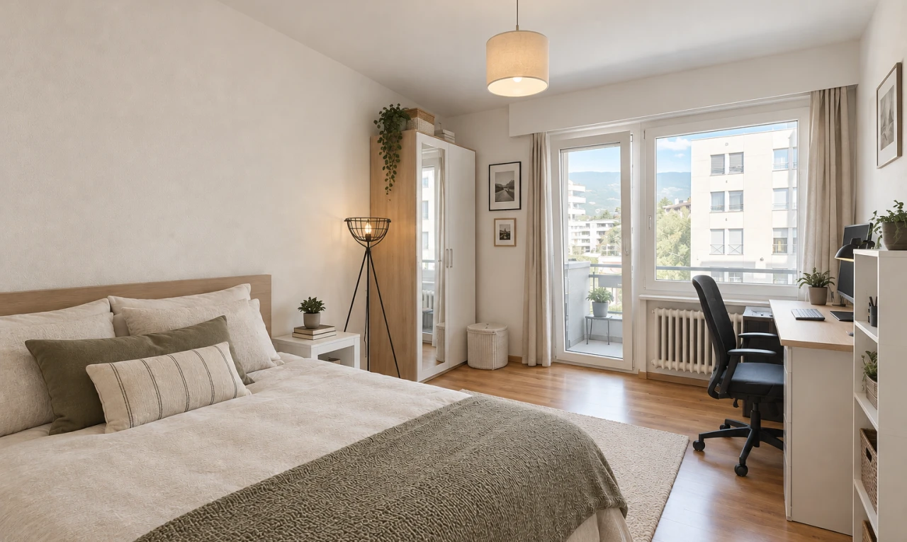 chambre avec radiateur, espace bureau, accès à l'extérieur, inside property, et drywall