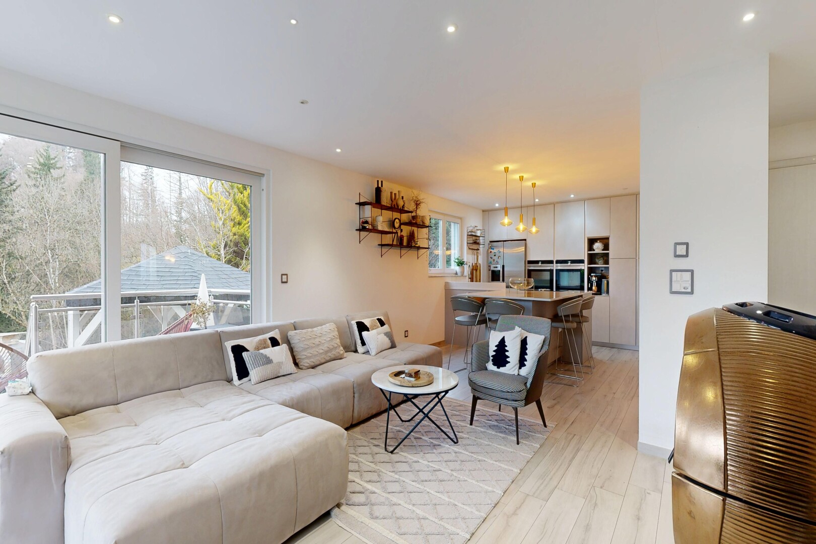living area featuring recessed lighting and light wood-style flooring