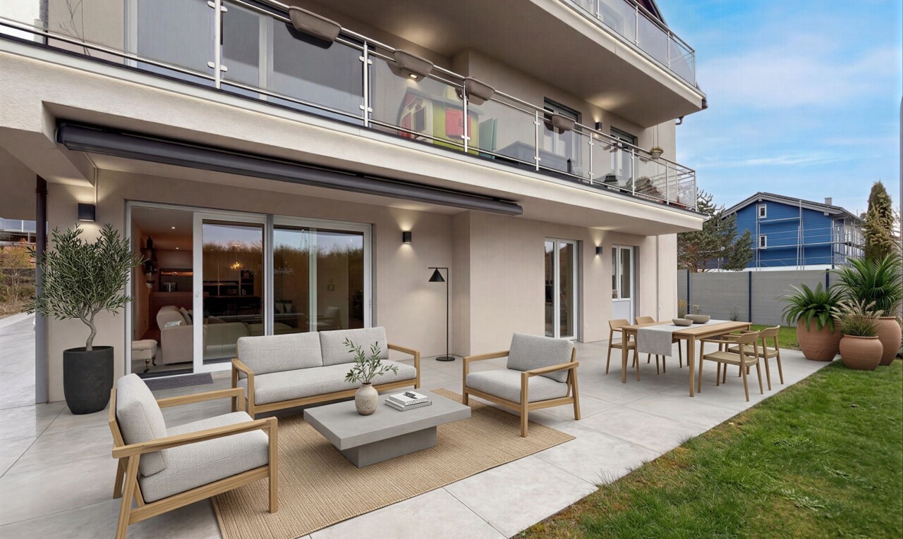 terrace with outdoor lounge area, a patio, and a balcony