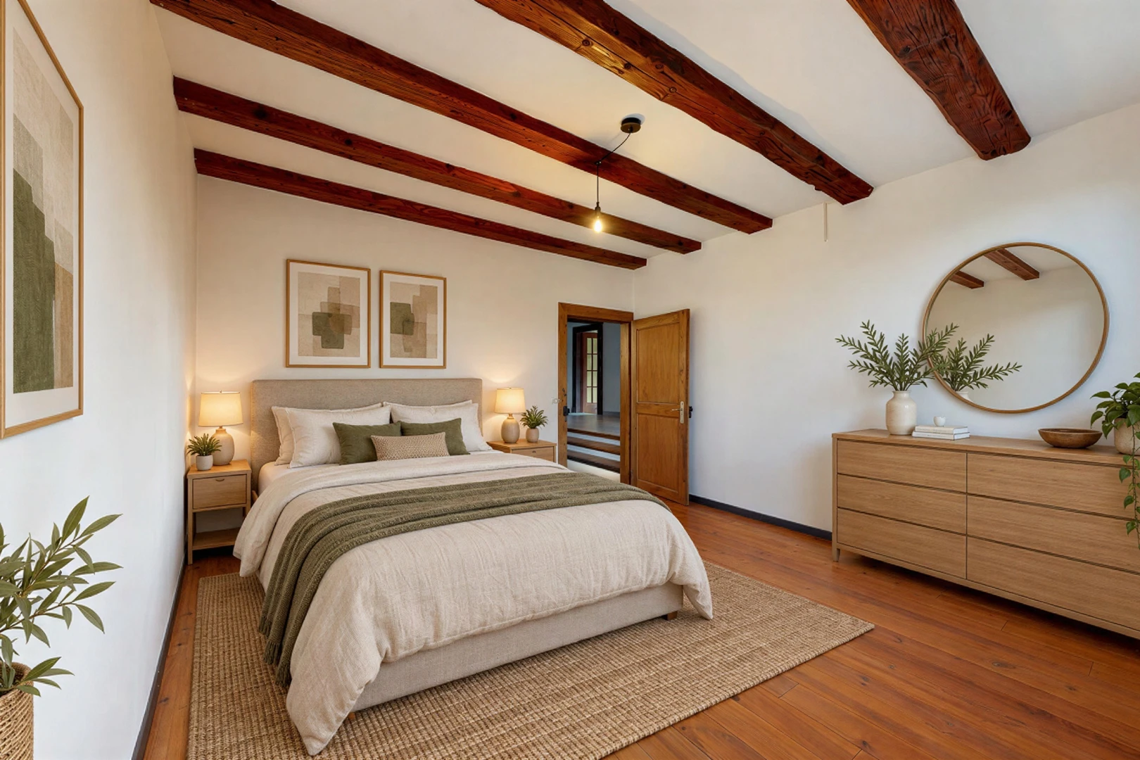 pièce vide avec plafond à poutres, beamed ceiling, hardwood floor, high end ceiling, et inside property