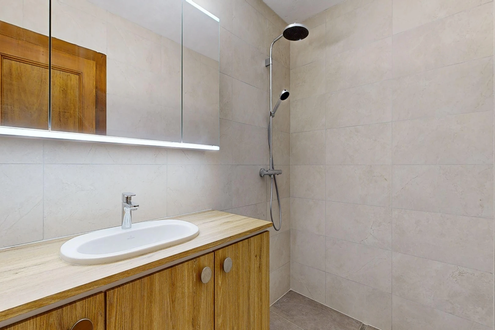 salle de bains avec douche, miroir, évier, lavabo (ou coiffeuse selon le contexte), et salle de bain complète