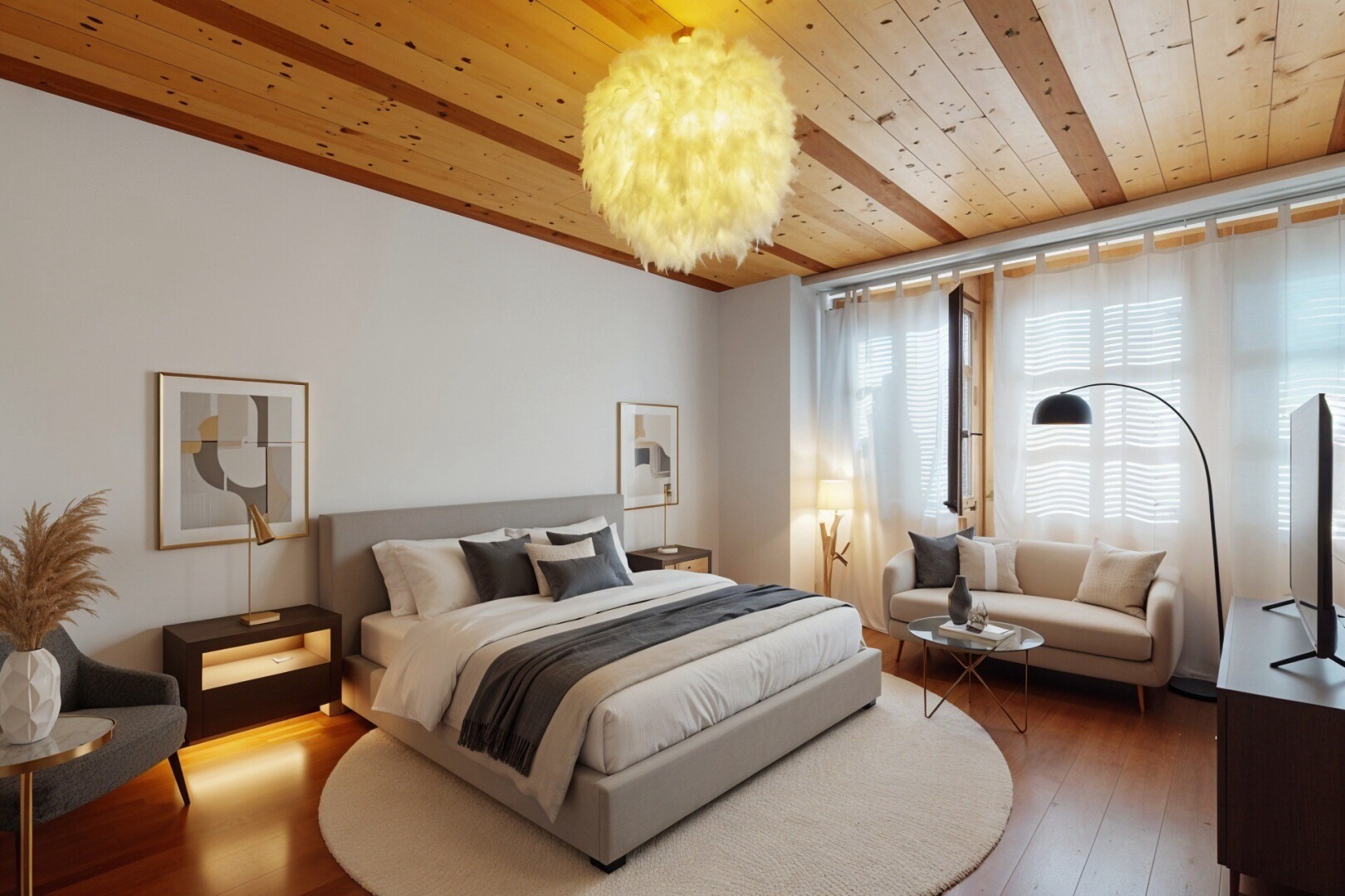 chambre avec plafond en bois, wood ceiling, inside property, lumière naturelle, et natural light