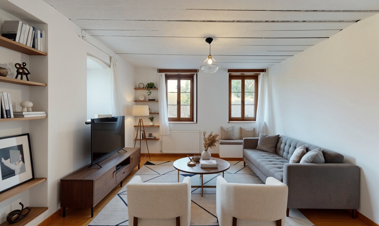 salon avec télévision, inside property, cloison sèche, drywall, et lumière naturelle