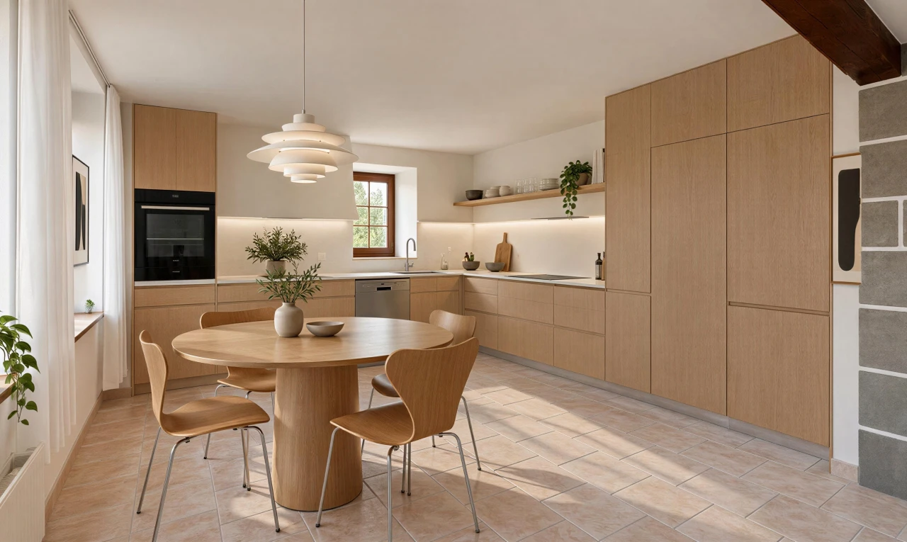 cuisine avec armoires de style shaker, shaker cabinets, four, light floor, et lave-vaisselle