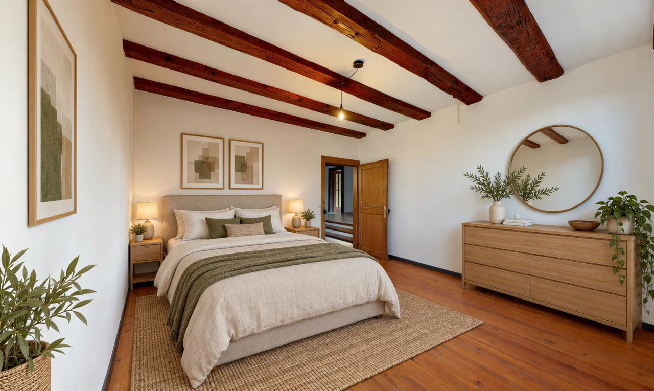 pièce vide avec plafond à poutres, beamed ceiling, hardwood floor, high end ceiling, et inside property