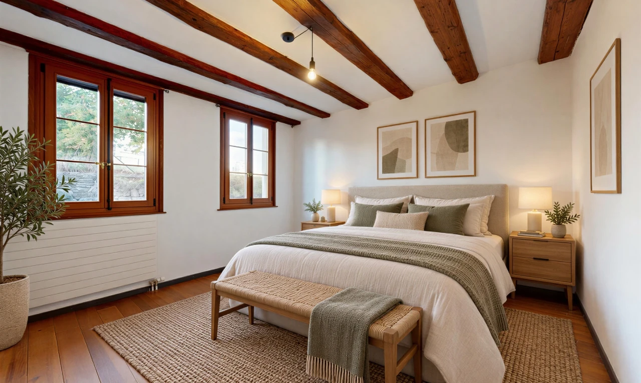 pièce vide avec radiateur, lumière naturelle, plafond à poutres, beamed ceiling, et cloison sèche