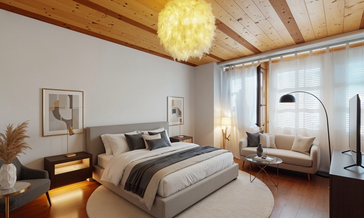 chambre avec plafond en bois, wood ceiling, inside property, lumière naturelle, et natural light