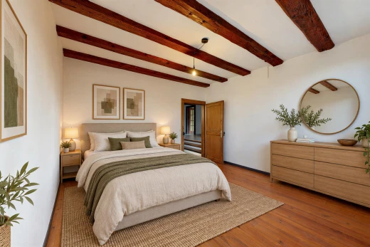 pièce vide avec plafond à poutres, beamed ceiling, hardwood floor, high end ceiling, et inside property