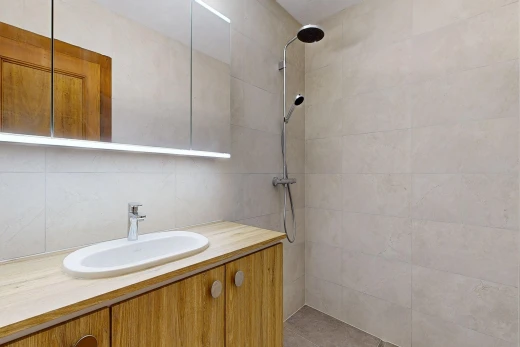 salle de bains avec douche, miroir, évier, lavabo (ou coiffeuse selon le contexte), et salle de bain complète