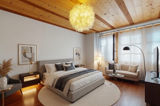 chambre avec plafond en bois, wood ceiling, inside property, lumière naturelle, et natural light
