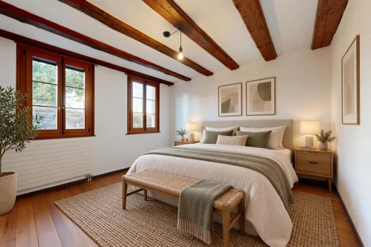 pièce vide avec radiateur, lumière naturelle, plafond à poutres, beamed ceiling, et cloison sèche