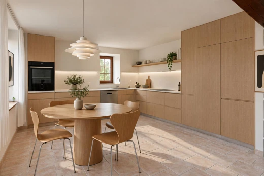 cuisine avec armoires de style shaker, shaker cabinets, four, light floor, et lave-vaisselle