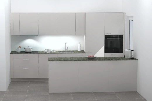 küche mit weiße schränke, ofen, stein arbeitsplatten, und waschbecken