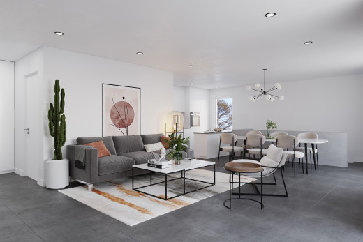 wohn- / esszimmer mit betonboden, bemerkenswerter kronleuchter, und natürliches licht