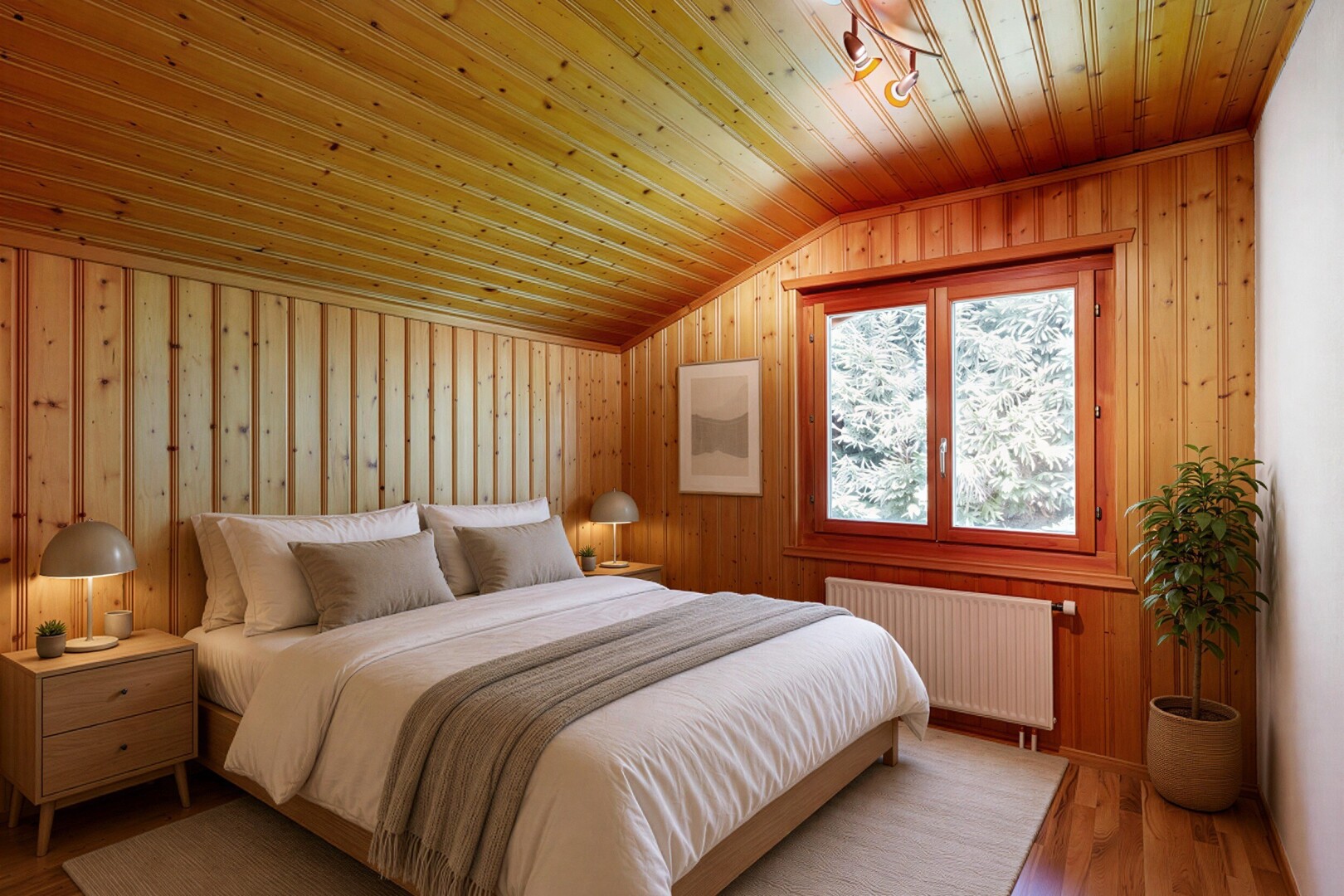 leerer raum mit dachschräge, vaulted ceiling, holzwand, wood wall, und deckenbeleuchtung