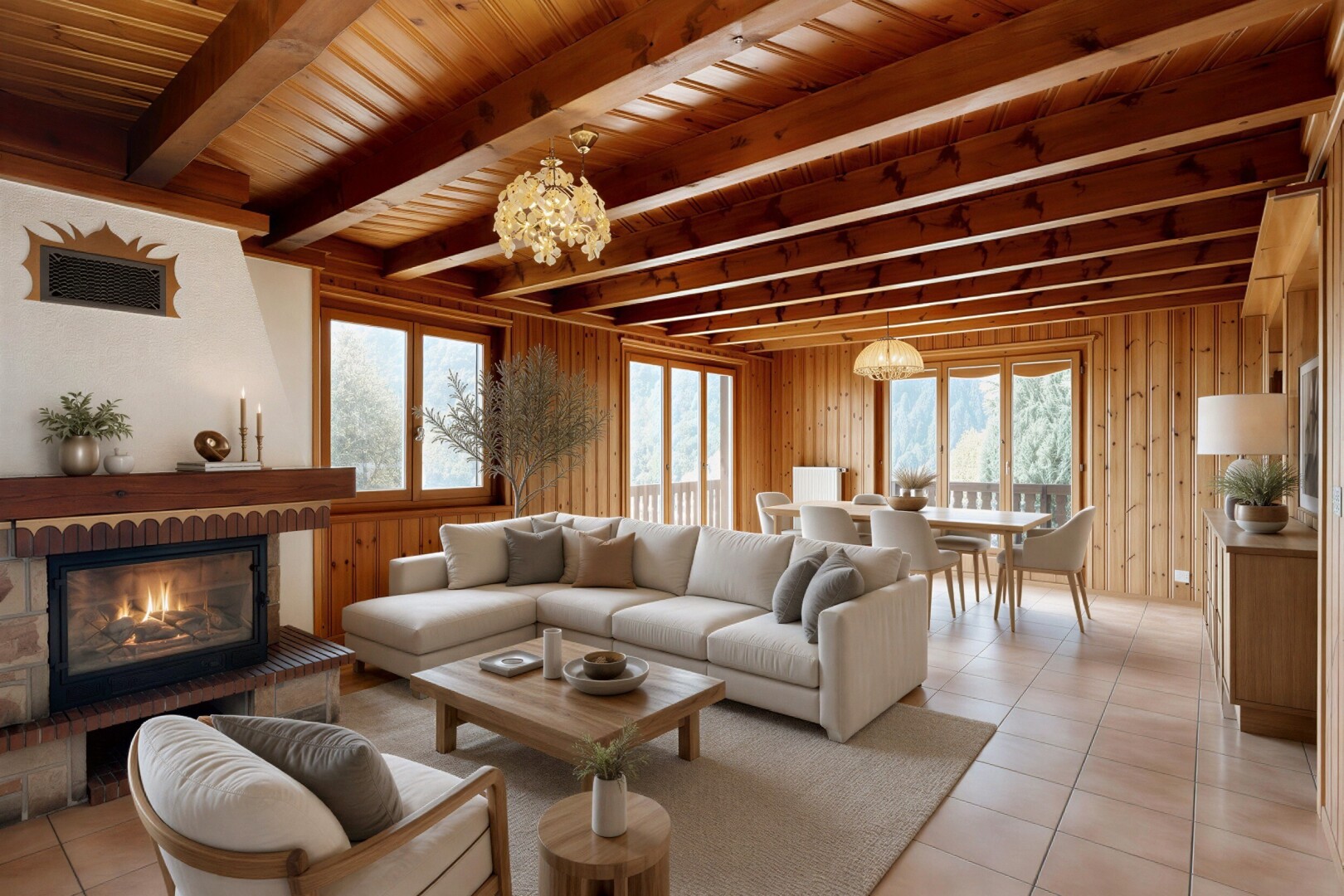 wohnzimmer mit balkendecke, beamed ceiling, kamin, holzdecke, und wood ceiling