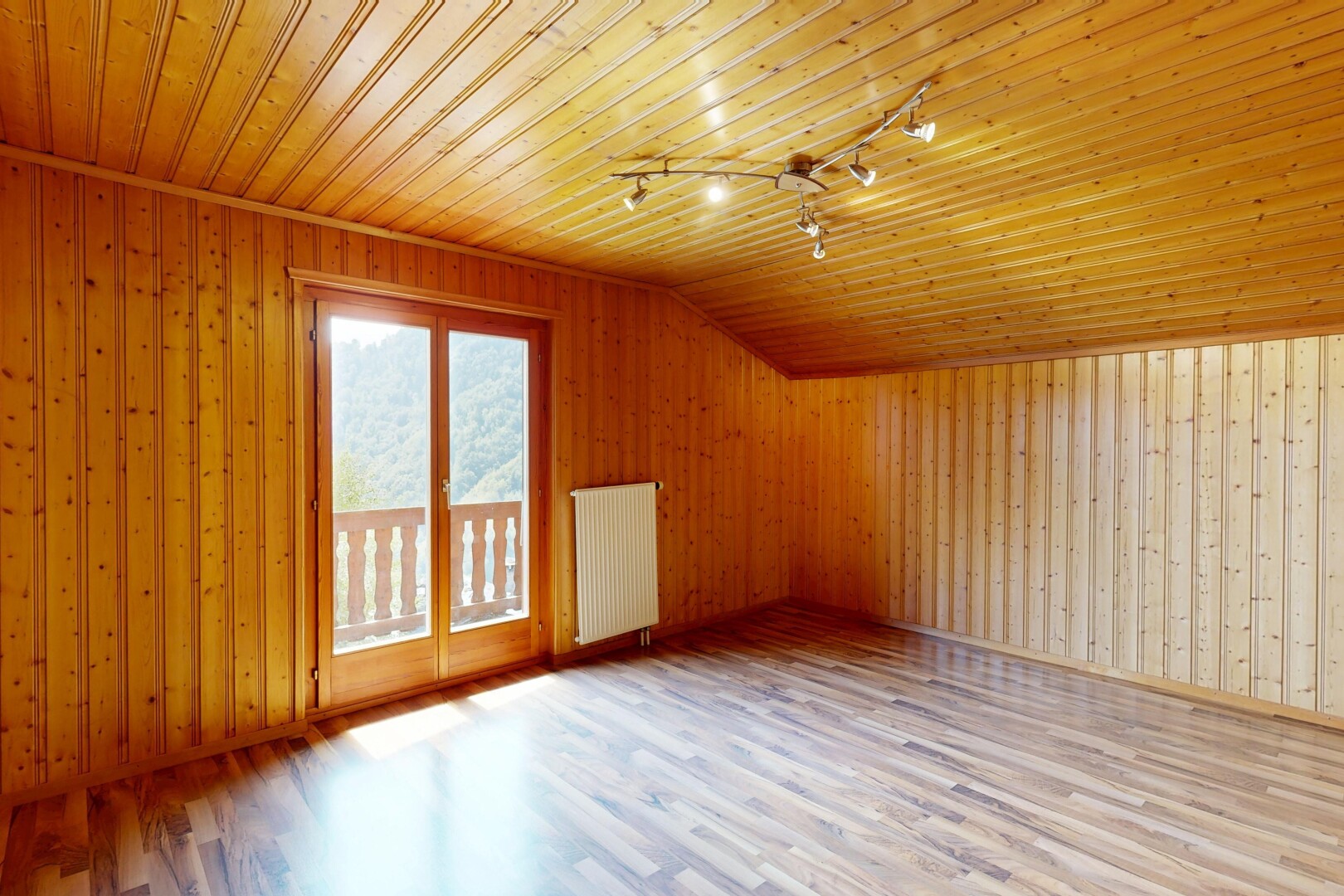 leerer raum mit deckenbeleuchtung, holzwand, wood wall, dated wood wall, und kühler