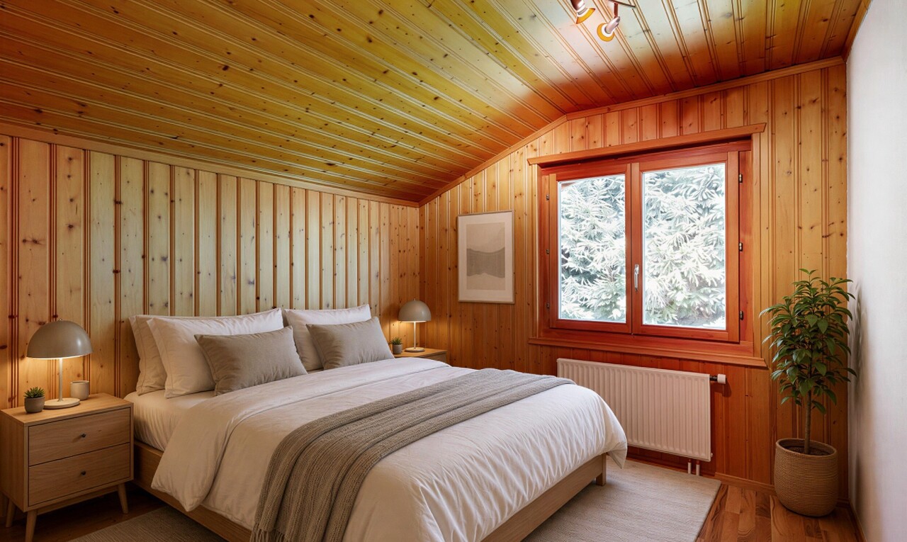 leerer raum mit dachschräge, vaulted ceiling, holzwand, wood wall, und deckenbeleuchtung
