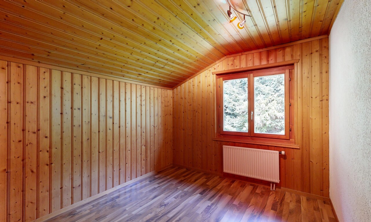 leerer raum mit dachschräge, vaulted ceiling, holzwand, wood wall, und deckenbeleuchtung