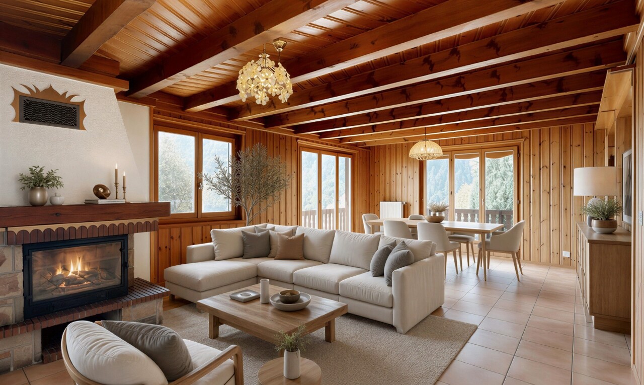 wohnzimmer mit balkendecke, beamed ceiling, kamin, holzdecke, und wood ceiling