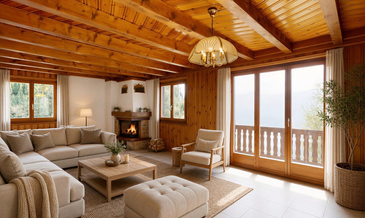 leerer raum mit balkendecke, beamed ceiling, kühler, holzdecke, und wood ceiling