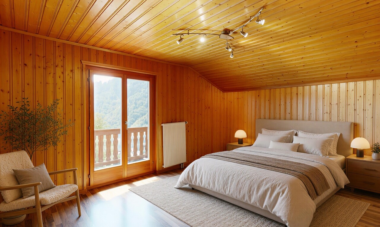 leerer raum mit deckenbeleuchtung, holzwand, wood wall, dated wood wall, und kühler