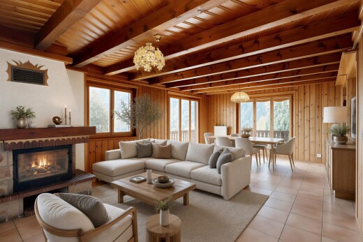 wohnzimmer mit balkendecke, beamed ceiling, kamin, holzdecke, und wood ceiling