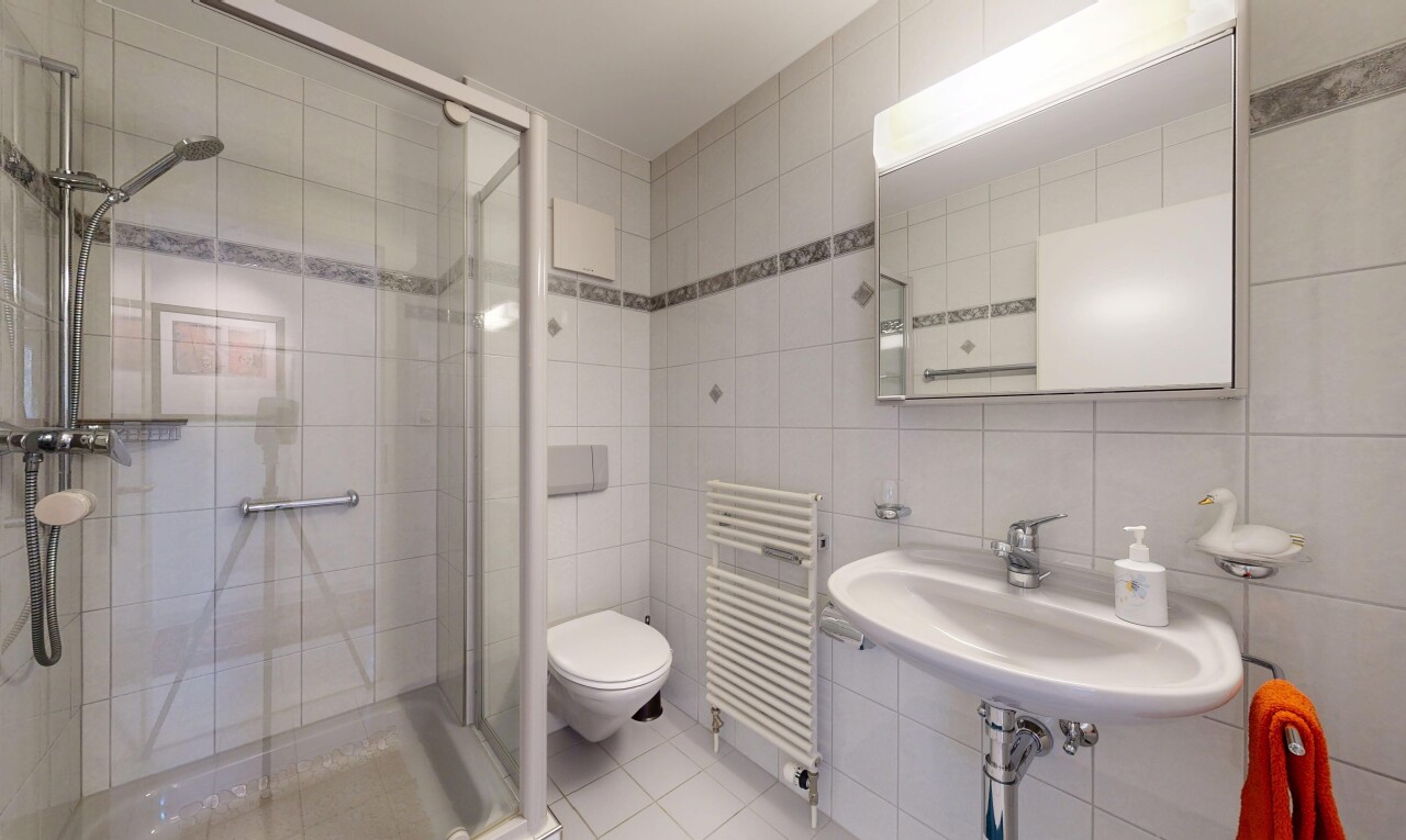 bad mit fliesenwand, tile wall, spiegel, komplettes badezimmer, und dusche