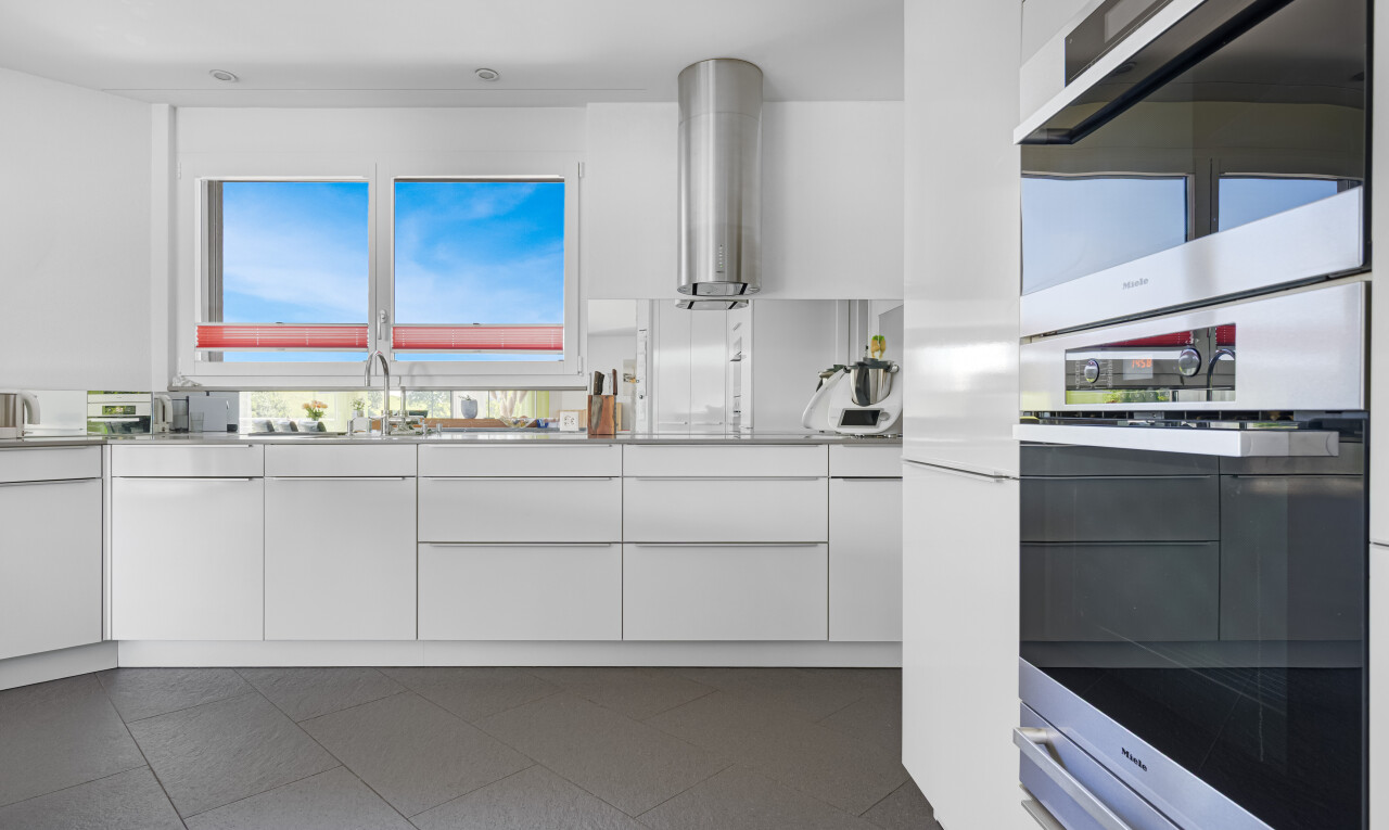 küche mit weiße schränke, natural light, natürliches licht, schränke mit flachen paneelen, und doppel backofen