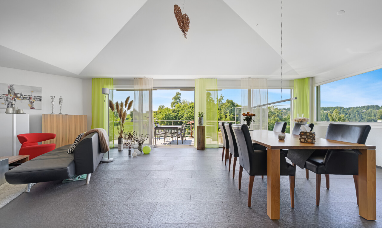 wohn- / esszimmer mit hohe decke, high ceiling, day time, dachschräge, und vaulted ceiling