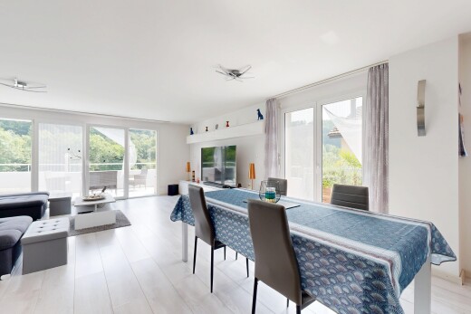 wohn- / esszimmer mit fernseher, inside property, natürliches licht, natural light, und gipskartonwand