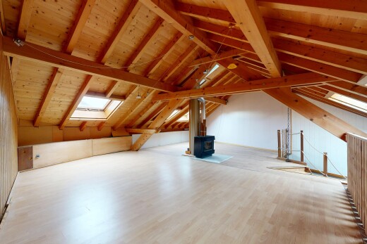 unfurnished room featuring a skylight, wood finished floors, and a wood stove