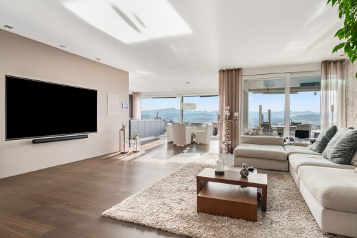 salon avec inside property, télévision, sol en finition bois, wood finish floor, et lumière naturelle