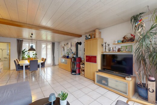 salon / salle à manger avec poêle à bois, sol en carrelage, tile floor, télévision, et lumière naturelle