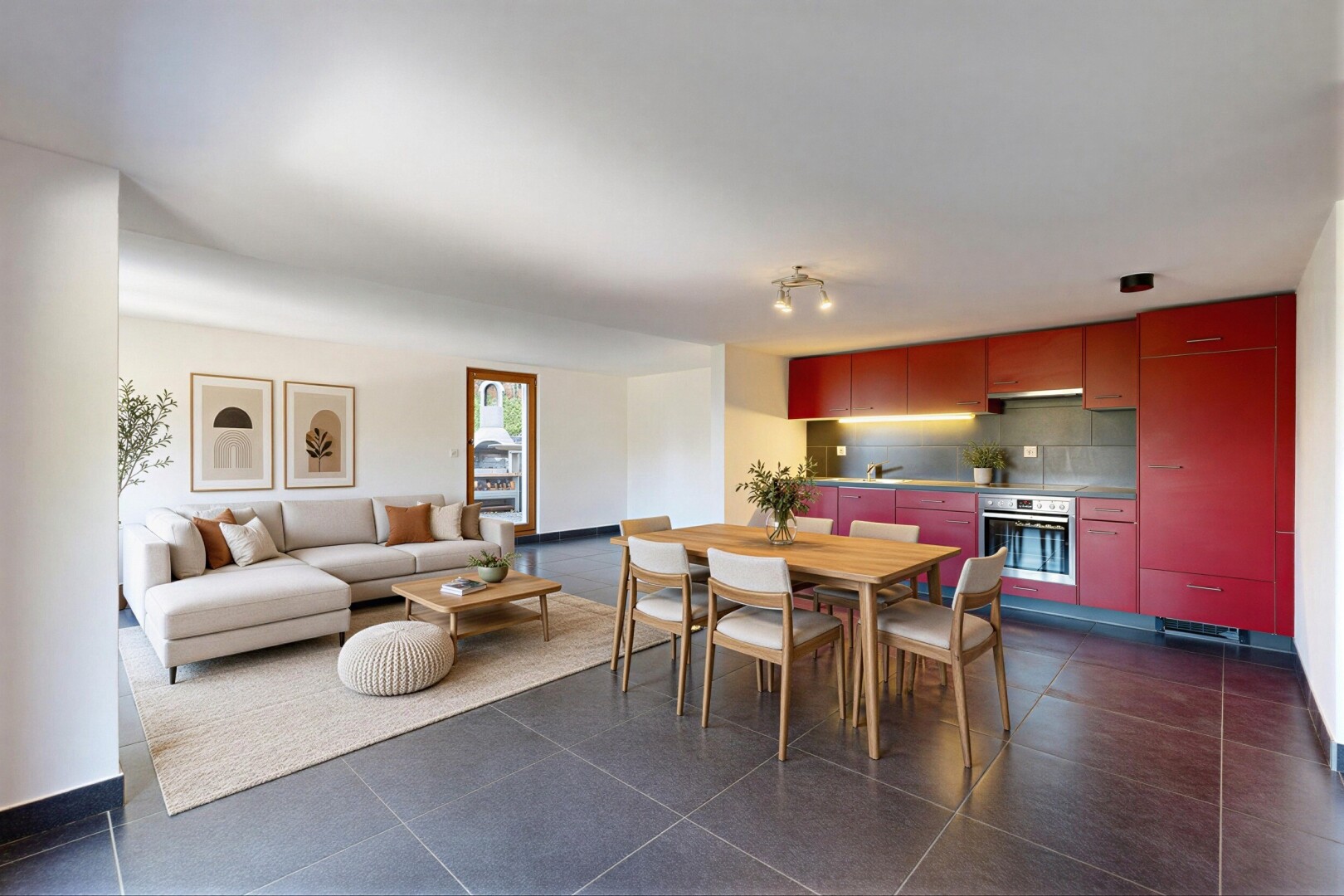 wohn- / esszimmer mit dark floor, inside property, gipskartonwand, drywall, und fliesenboden