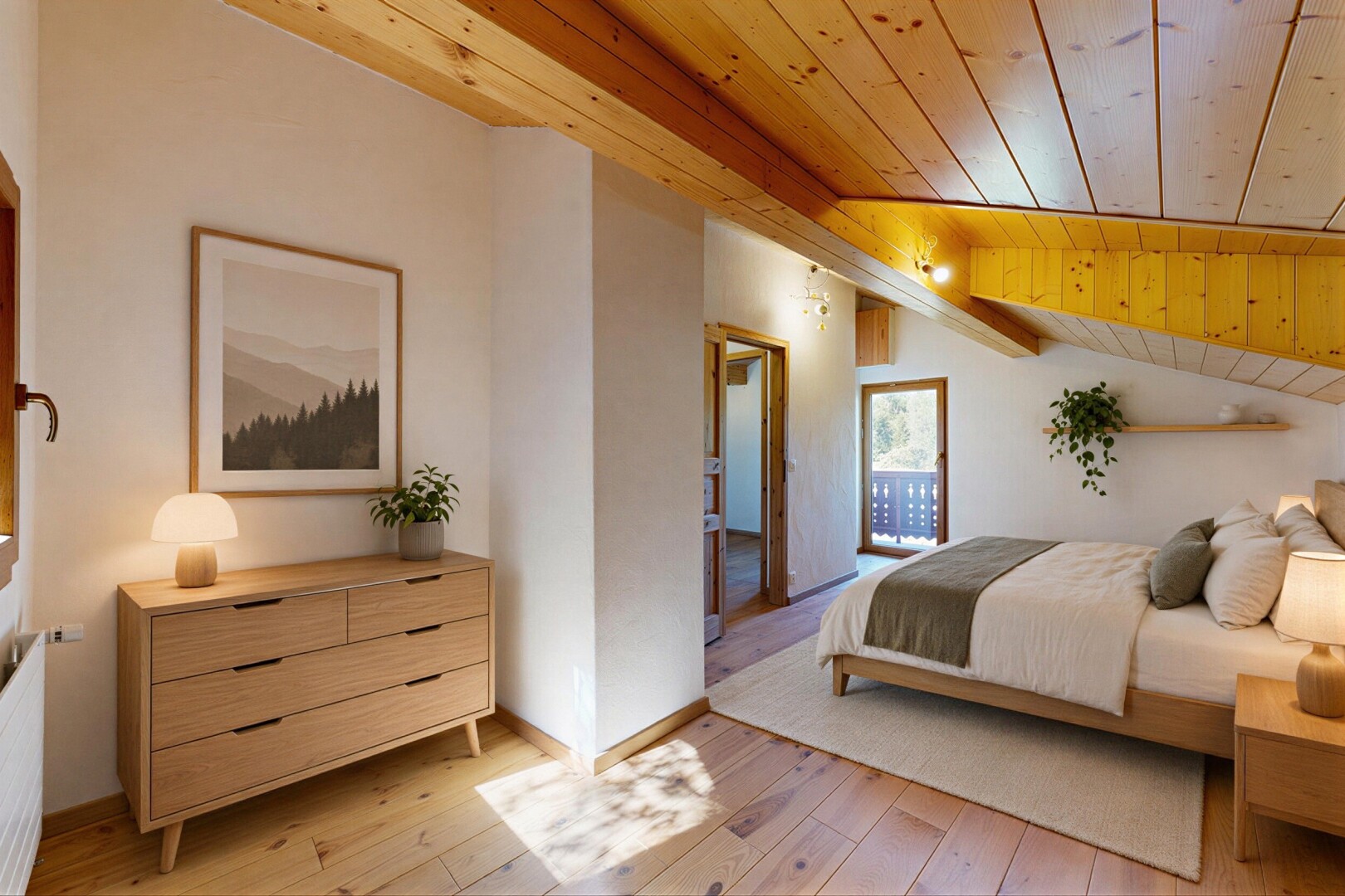 zimmer / schlafzimmer mit holzdecke, wood ceiling, holzfußboden, wood finish floor, und inside property