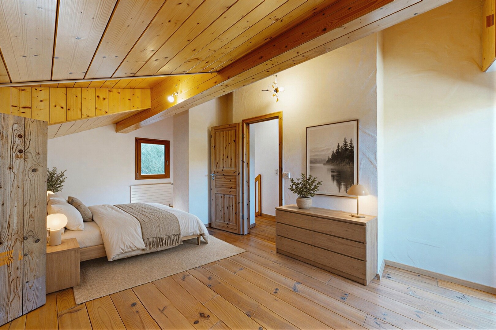 zimmer / schlafzimmer mit wood ceiling, holzdecke, hardwood floor, wood finish floor, und holzfußboden