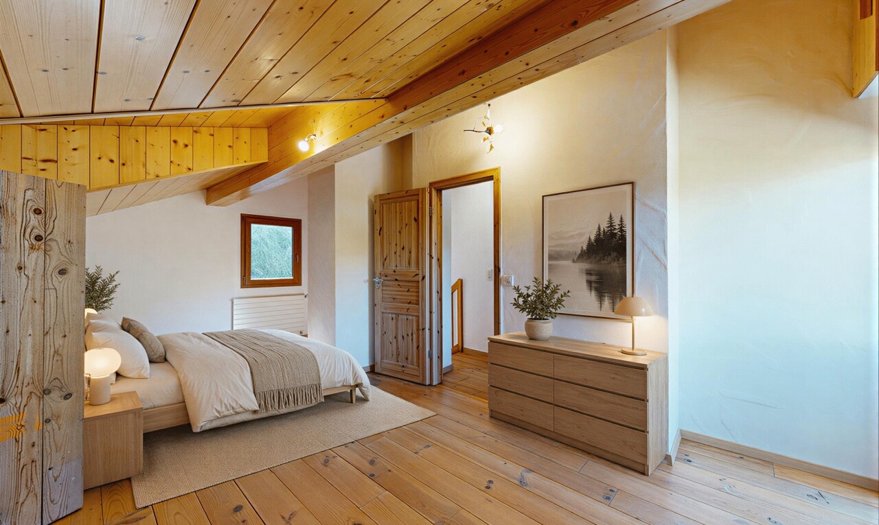 zimmer / schlafzimmer mit wood ceiling, holzdecke, hardwood floor, wood finish floor, und holzfußboden
