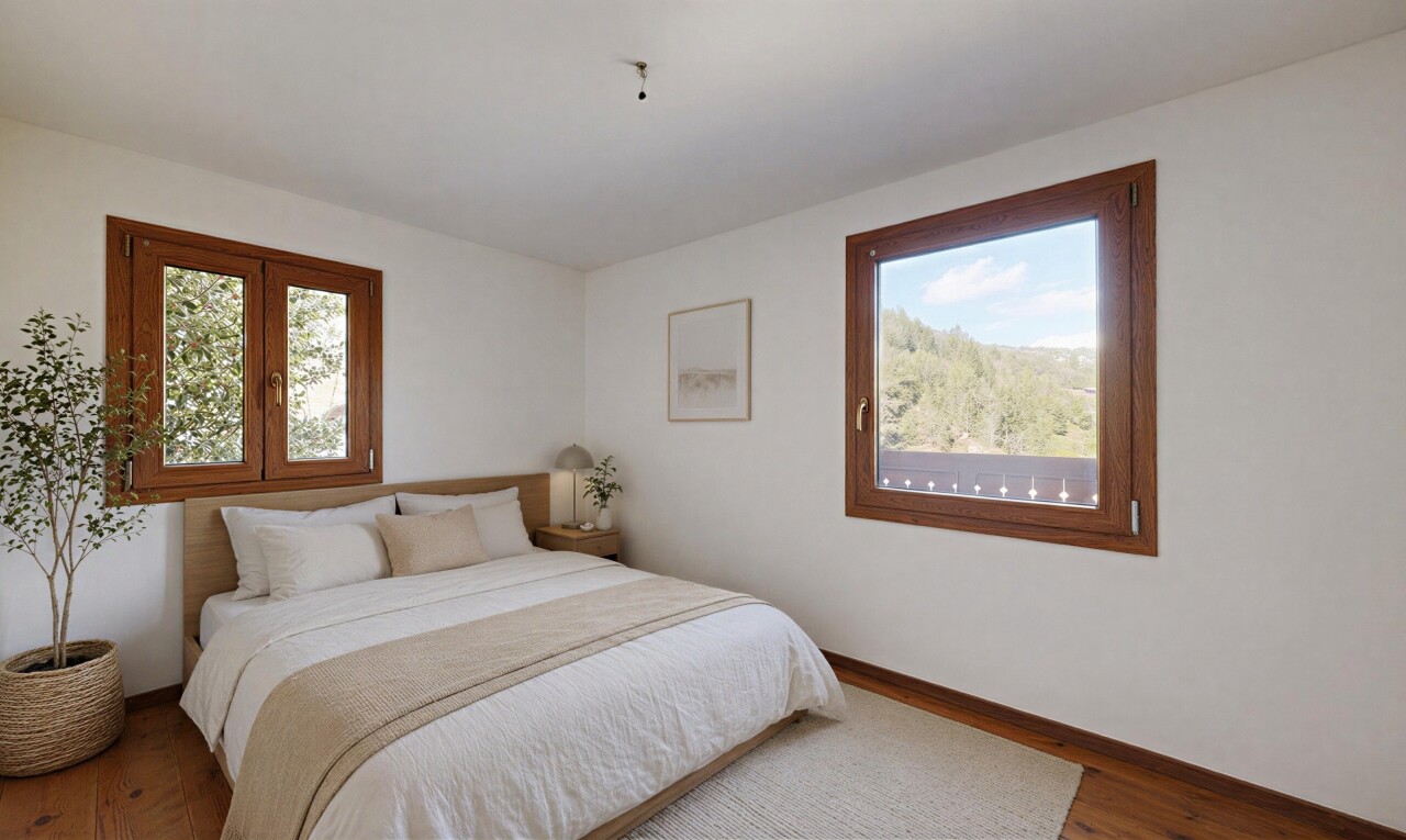 zimmer / schlafzimmer mit inside property, gipskartonwand, drywall, holzfußboden, und wood finish floor