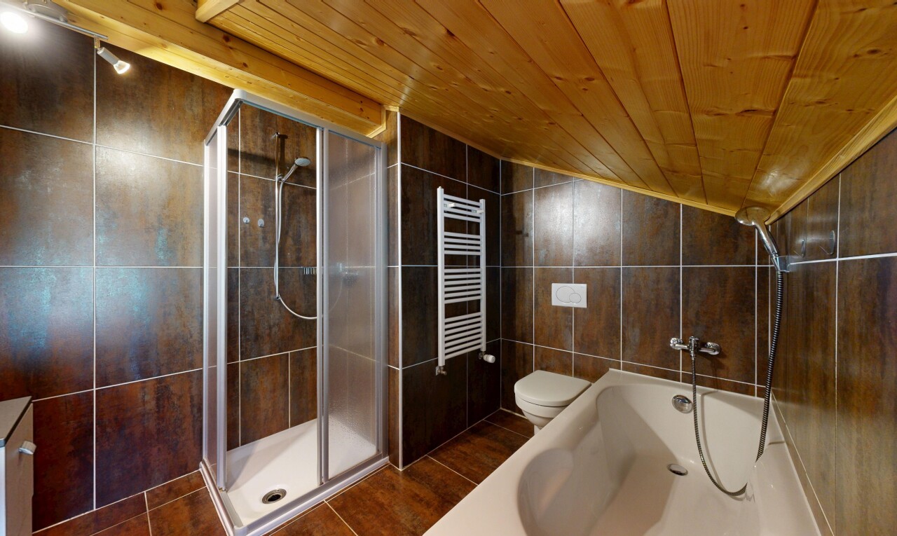 bad mit fliesenwand, tile wall, dusche, komplettes badezimmer, und holzdecke