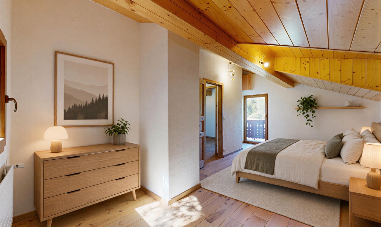 zimmer / schlafzimmer mit holzdecke, wood ceiling, holzfußboden, wood finish floor, und inside property