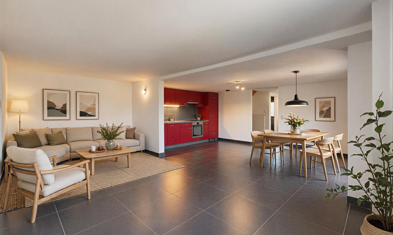 wohn- / esszimmer mit gipskartonwand, drywall, inside property, dark floor, und fliesenboden