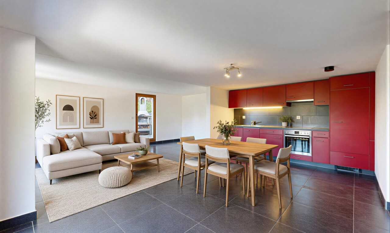 wohn- / esszimmer mit dark floor, inside property, gipskartonwand, drywall, und fliesenboden