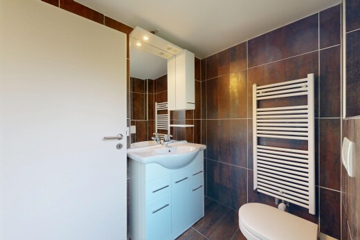 salle de bains avec chauffe-serviettes, mur en carrelage, tile wall, lavabo (ou coiffeuse selon le contexte), et radiateur