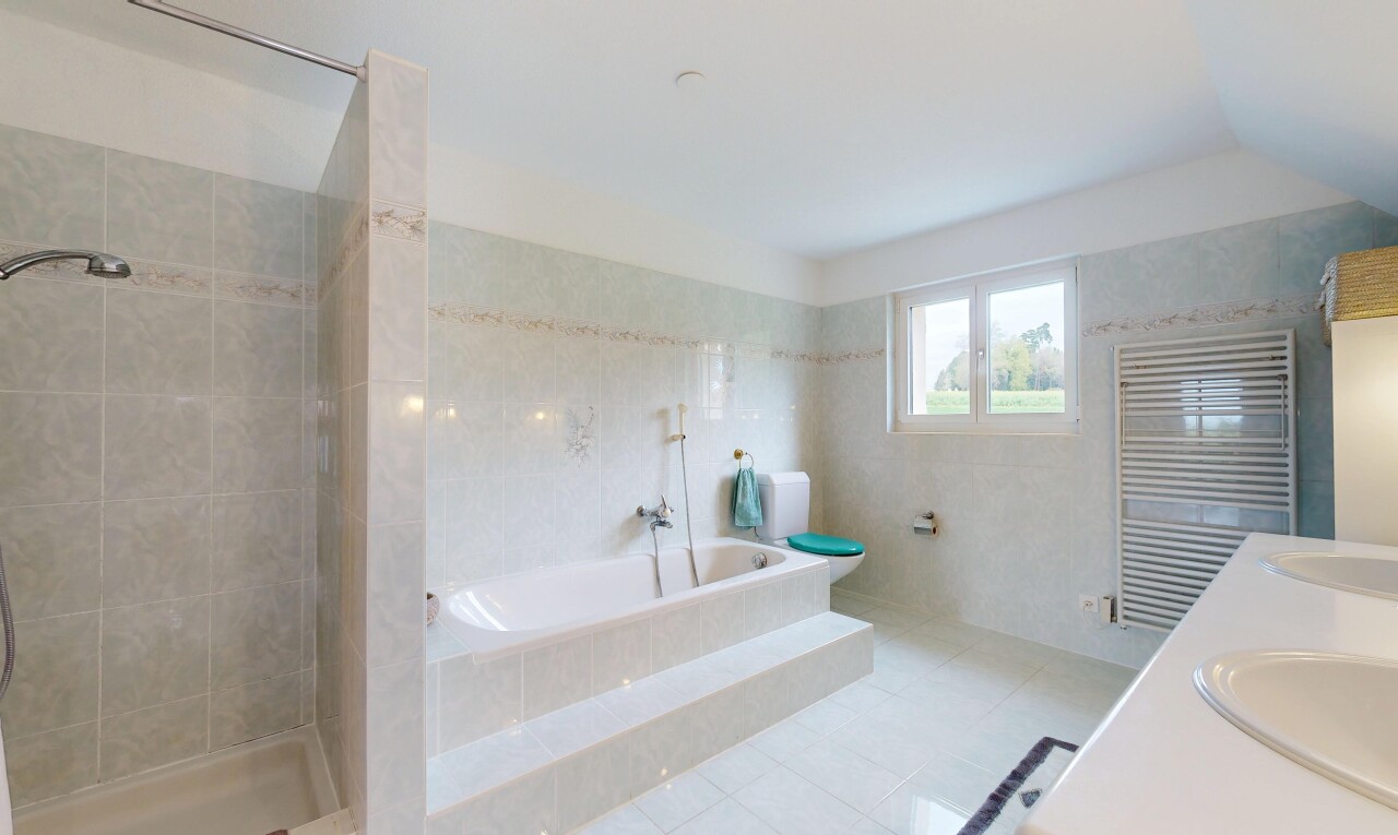 bad mit bad, komplettes badezimmer, doppelwaschtisch, dusche, und inside property