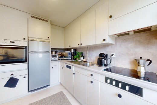 küche mit arbeitsplatten, ofen, inside property, kühlschrank, und küchenrückwand beim herd