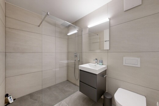 bad mit spiegel, schminktisch, dusche, komplettes badezimmer, und inside property
