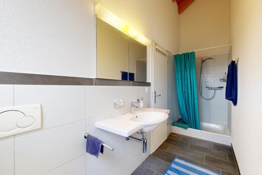 bad mit spiegel, dusche, komplettes badezimmer, inside property, und fliesenwand